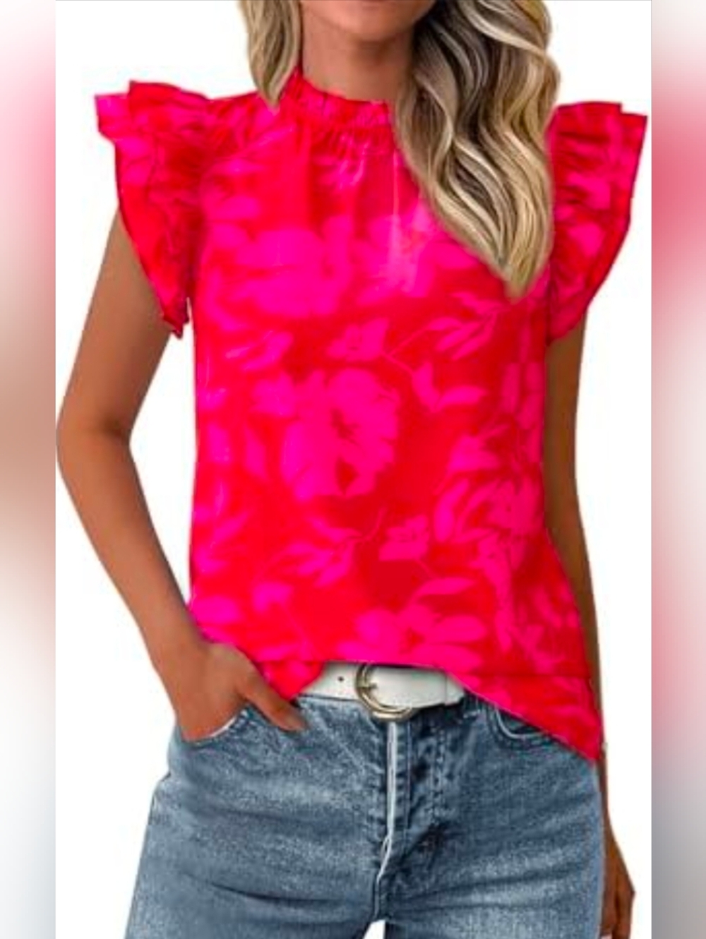 Solution New With Tags Red & Pink Printed Flutter Sleeve Top Small